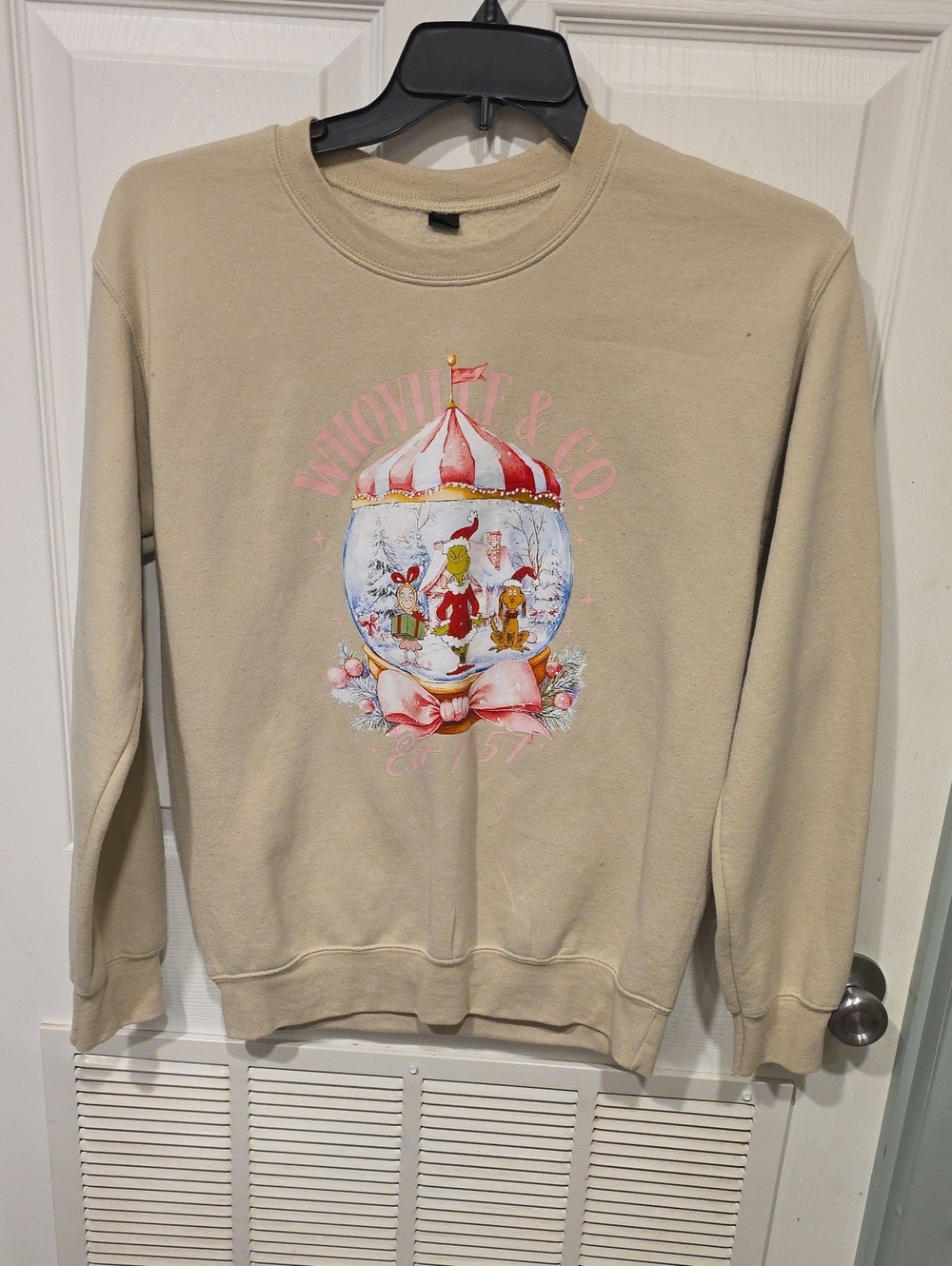 Beige Graphic Crewneck Sweater with Festive Carousel Print